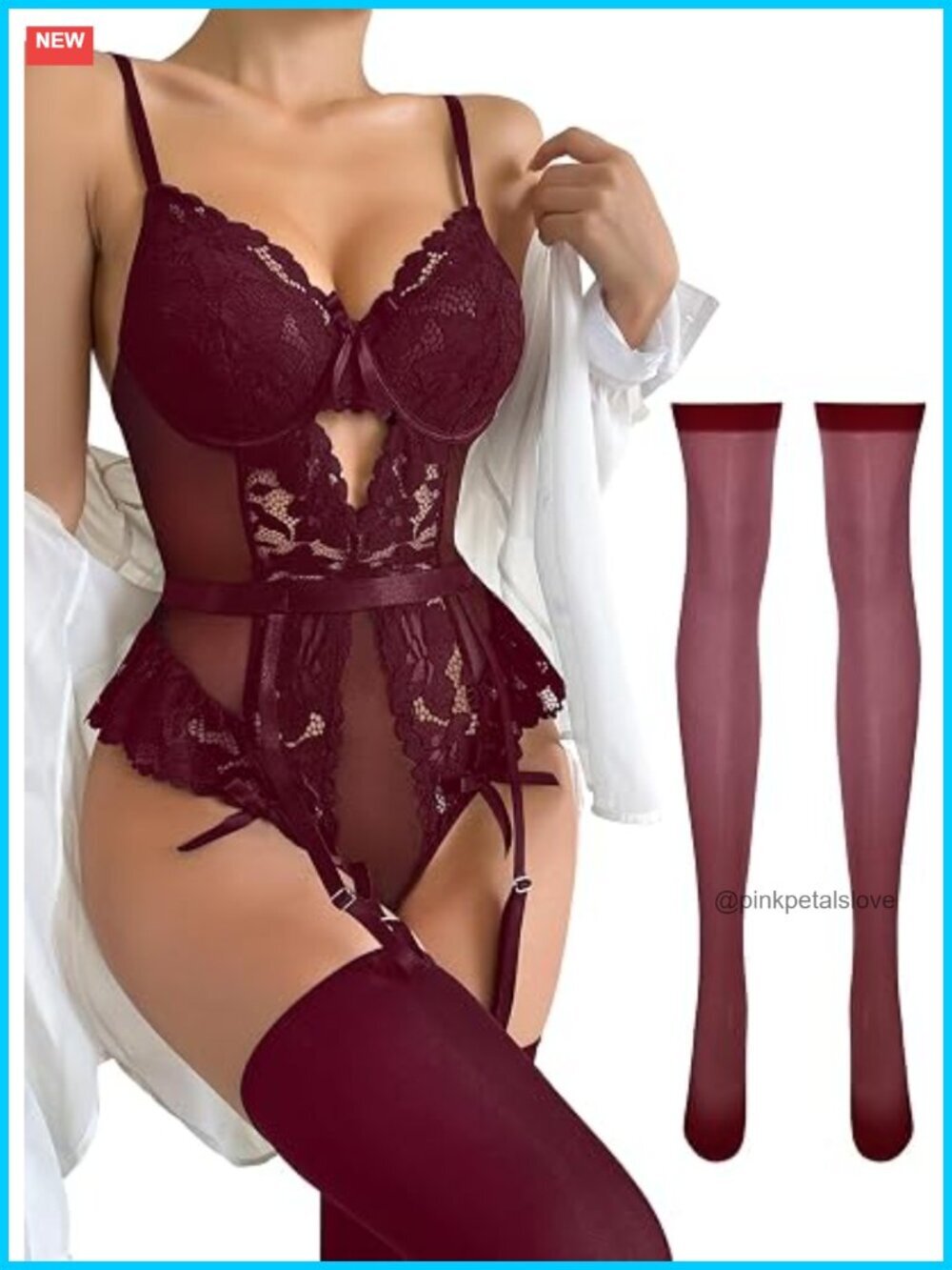 Lace Mesh Bodysuit Top Underwire Garter Lingerie Set 3 Piece